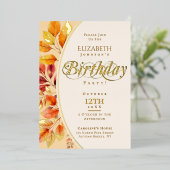 Elegante kalligrafie bladeren vallen haar verjaard folie uitnodiging (Staand Voorkant)