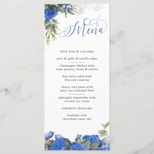 Elegante kalligrafie Blauwe Rozen en Eucalyptus Menu (Voorkant)