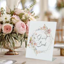 Elegante kalligrafie bloemengastenboek reclamebord met voetstuk