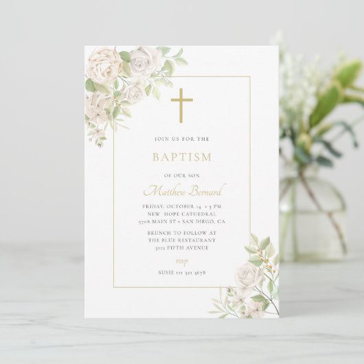 Elegante kalligrafie Bloemige Doop Kaart (Staand voorkant)