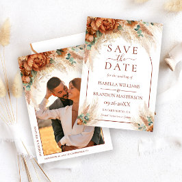 Elegante kalligrafie bloemrijke boho foto trouwkaa save the date