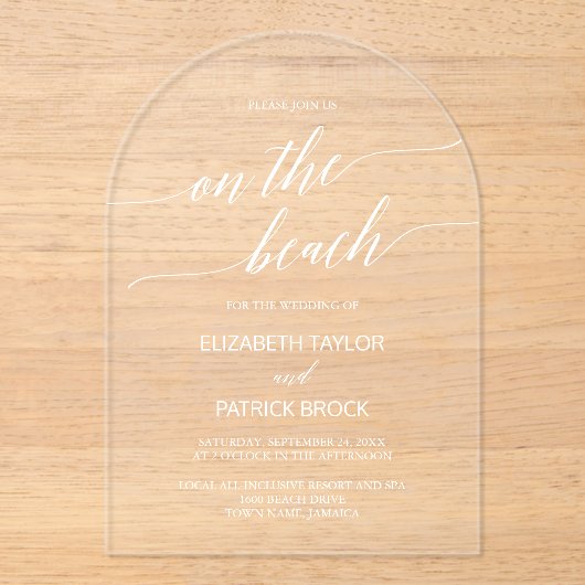 Elegante Kalligrafie Boog White Boho Beach Wedding Acryl Uitnodigingen (Voorkant)
