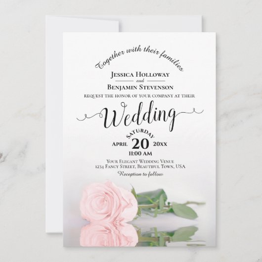 Elegante Kalligrafie Bord Roze Roos QR Code Huweli Kaart (Voorkant)