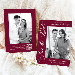 Elegante kalligrafie bordeauxrode foto QR-code tro Save The Date