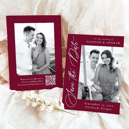 Elegante kalligrafie bordeauxrode foto QR-code tro Save The Date