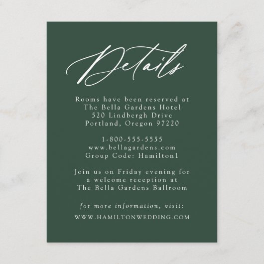Elegante Kalligrafie Bos Groene Bruiloft Details Informatiekaartje (Voorkant)