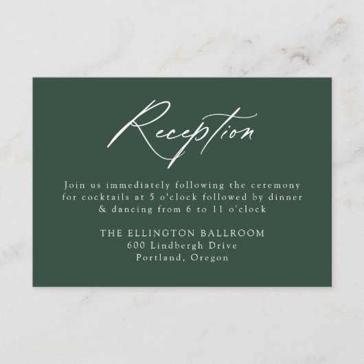 Elegante Kalligrafie Bos Groene Huwelijksreceptie Informatiekaartje (Voorkant)