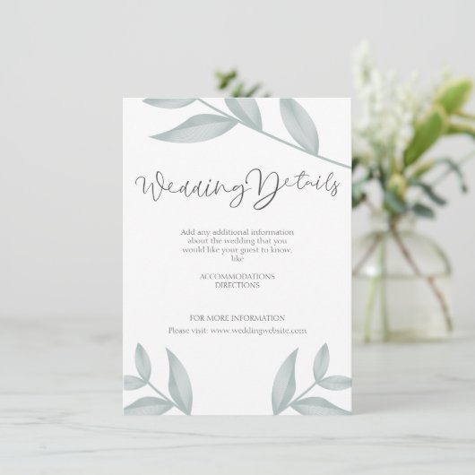Elegante kalligrafie Botanische bruiloft Details Informatiekaartje (Staand voorkant)
