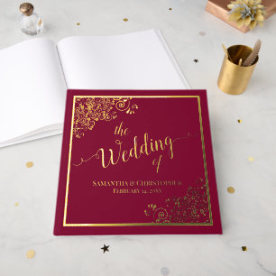 Elegante kalligrafie Bourgondië & gouden folie bru Gastenboek
