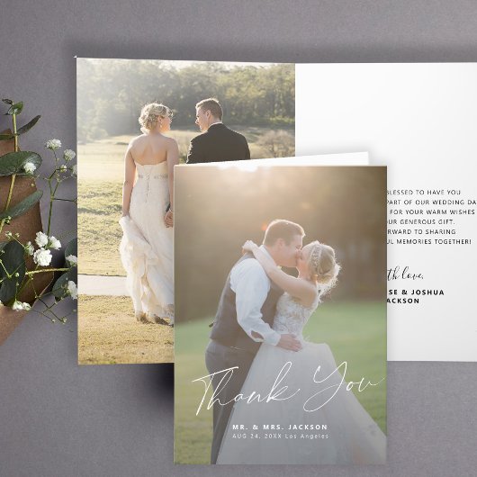 Elegante kalligrafie bruid en bruidegom foto bruil bedankkaart