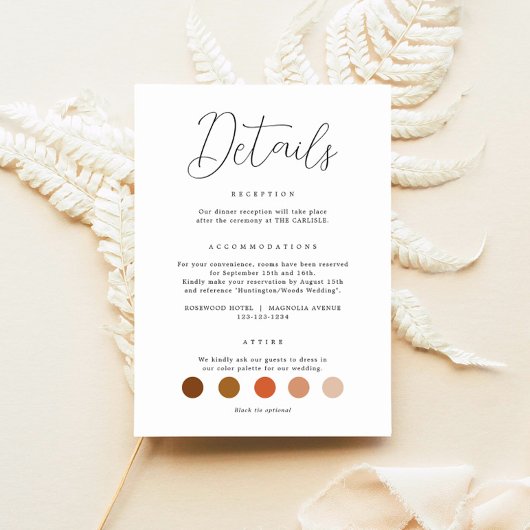 Elegante kalligrafie bruiloft details informatiekaartje