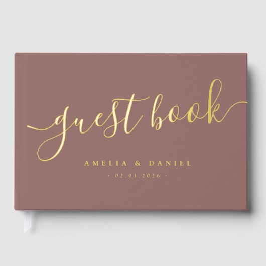 Elegante kalligrafie bruiloft echte folie gastenboek (Voorkant)