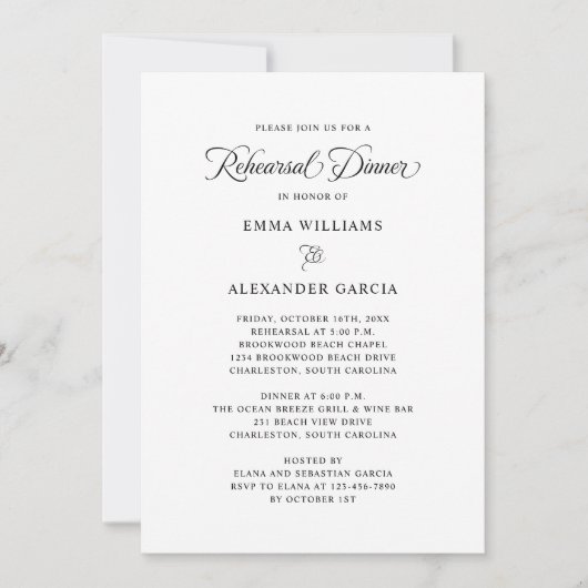 Elegante kalligrafie bruiloft repetitie diner zwar kaart (Voorkant)