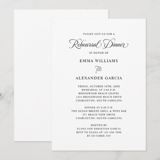 Elegante kalligrafie bruiloft repetitie diner zwar kaart (Voorkant / Achterkant)