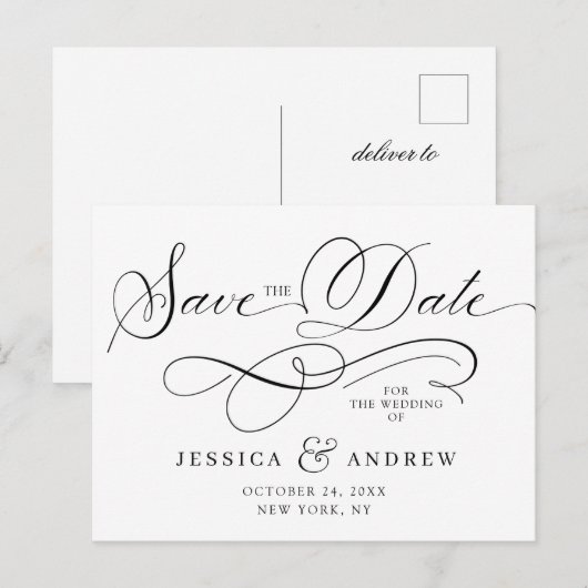 Elegante Kalligrafie Bruiloft Save the Date Briefk Briefkaart (Voorkant / Achterkant)