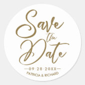 Elegante kalligrafie bruiloft Save the Date Gold Ronde Sticker (Voorkant)