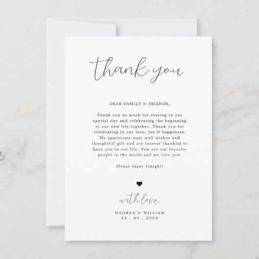 Elegante kalligrafie bruiloft tafel dank u opmerki bedankkaart (Voorkant)