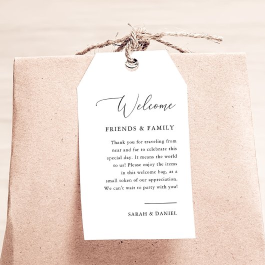 Elegante kalligrafie bruiloft welkom taslabels cadeaulabel