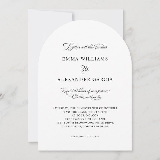 Elegante kalligrafie bruiloft zwart wit boog kaart (Voorkant)