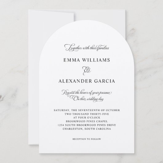 Elegante kalligrafie bruiloft zwart wit boog kaart (Voorkant)