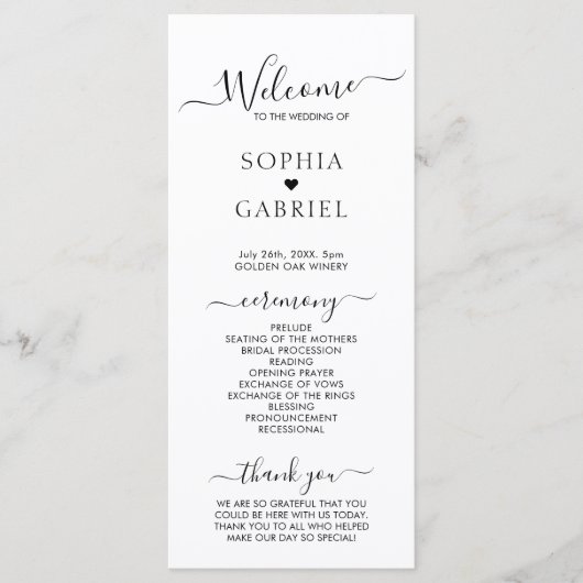 Elegante kalligrafie chique script bruiloft ceremo programmakaart (Voorkant)