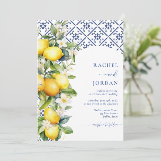 Elegante kalligrafie Citroen mediterrane bruiloft Kaart (Staand voorkant)