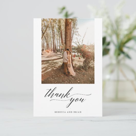 Elegante kalligrafie Custom 2 foto bruiloft Bedankkaart (Staand voorkant)