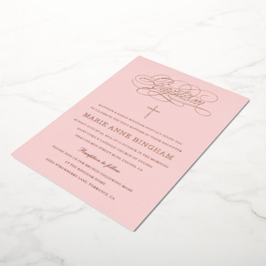 Elegante kalligrafie Doop Roze Goud  Folie Uitnodiging (Gedraaid)