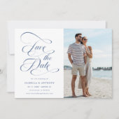 Elegante kalligrafie Dusty Blue bruiloft foto Save The Date (Voorkant)