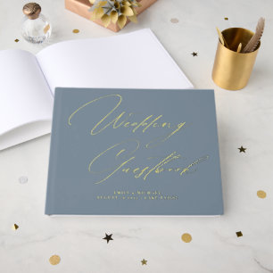 Elegante kalligrafie Dusty Blue Gold Foil Wedding Gastenboek