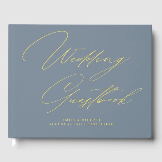 Elegante kalligrafie Dusty Blue Gold Foil Wedding Gastenboek (Voorkant)