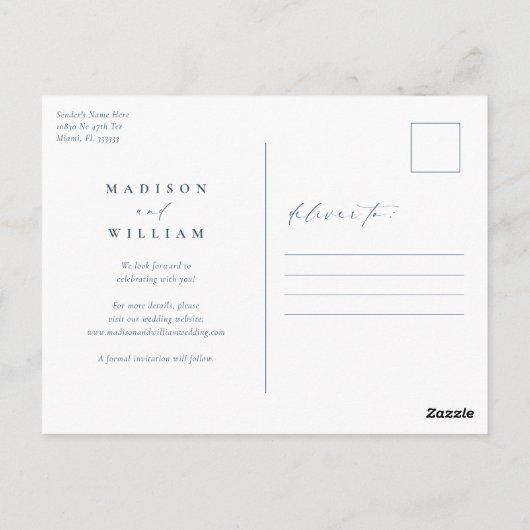 Elegante kalligrafie Dusty Blue Save the Date Briefkaart (Achterkant)