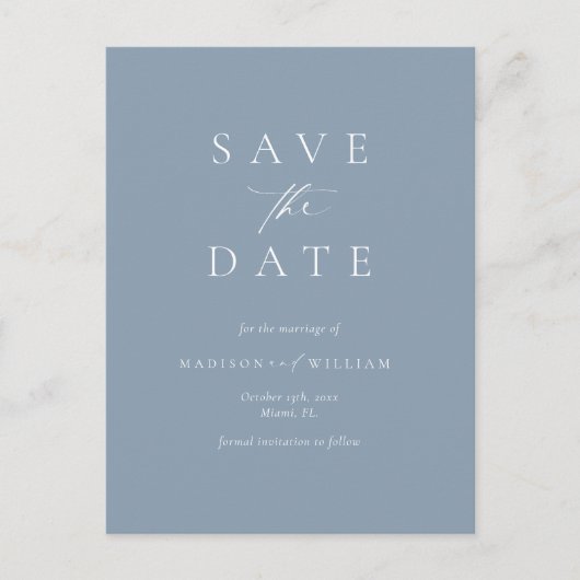 Elegante kalligrafie Dusty Blue Save the Date Briefkaart (Voorkant)