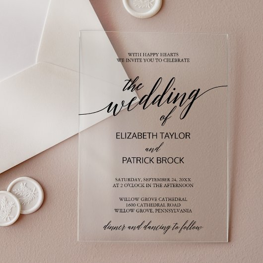 Elegante kalligrafie eenvoudige moderne minimale b acryl uitnodigingen