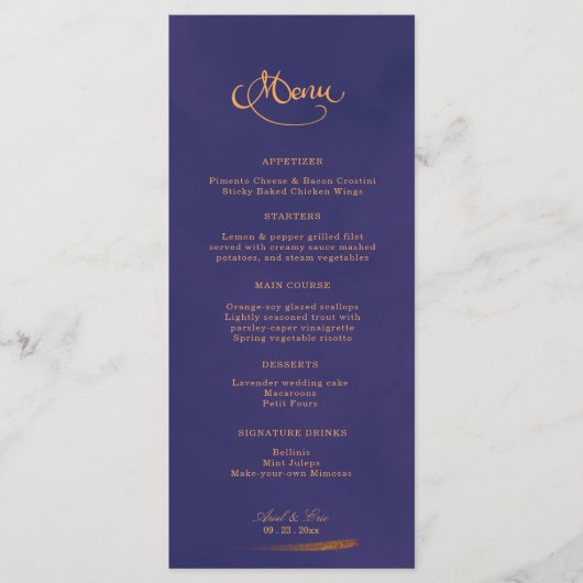 Elegante kalligrafie Emerald Paarse & gouden bruil Menu (Voorkant)