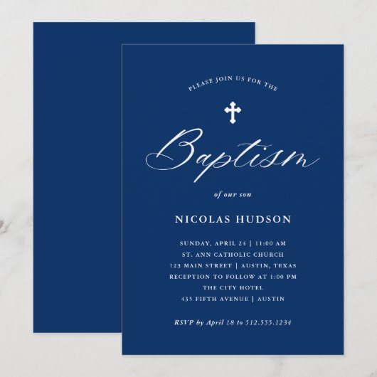 Elegante kalligrafie en kruis | Marine Blauw Doops Kaart (Voorkant / Achterkant)