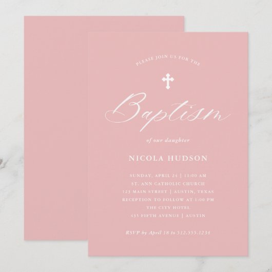 Elegante kalligrafie en kruis | Roze doop Kaart (Voorkant / Achterkant)