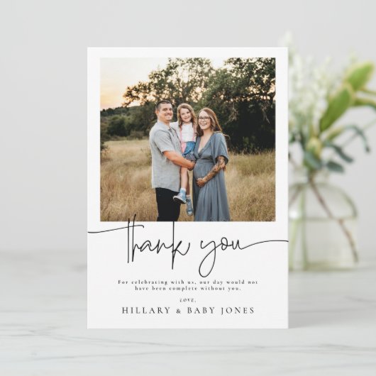 Elegante Kalligrafie Foto Baby Show Dank u kaart (Staand voorkant)