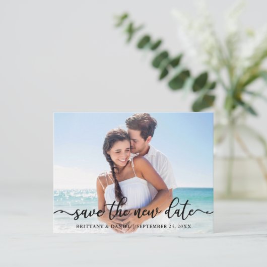 Elegante kalligrafie foto bewaar de nieuwe datum briefkaart (Staand voorkant)