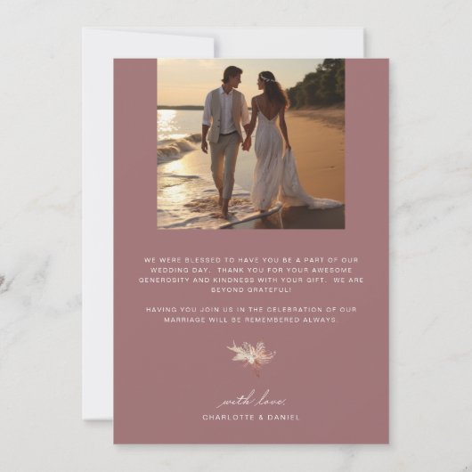 Elegante kalligrafie foto bruiloft mauve bedankkaart (Achterkant)