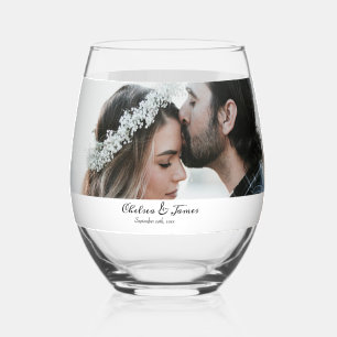 Elegante kalligrafie foto bruiloft wijnglas zonder voet
