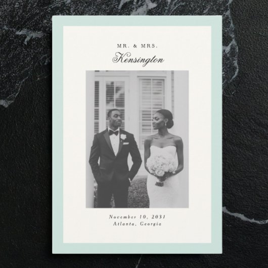 Elegante kalligrafie Foto Lijst Mint Green Wedding Aankondiging