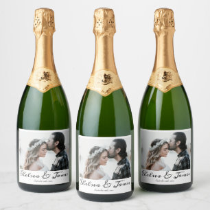 Elegante kalligrafie foto mousserende wijn bruilof sparkling wijnetiket