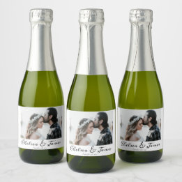 Elegante kalligrafie foto trouw mini sparkling wijnetiket