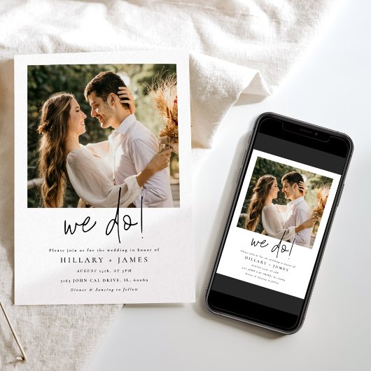 Elegante kalligrafie foto we doen bruiloft kaart