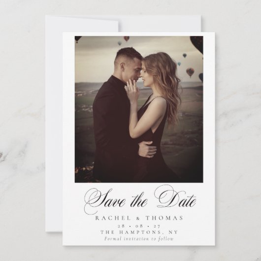 Elegante kalligrafie foto zwart wit bruiloft save the date (Voorkant)