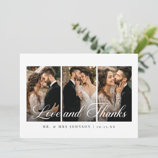 Elegante kalligrafie Fotocollage bruiloft Bedankkaart (Staand voorkant)