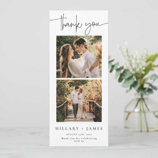 Elegante kalligrafie fotostrip dank u kaart (Staand voorkant)