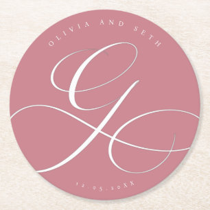 Elegante kalligrafie “G” stoffige roze trouwen Ronde Kartonnen Onderzetter
