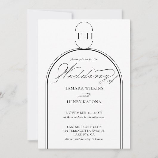 Elegante kalligrafie gemonogram witte bruiloft kaart (Voorkant)